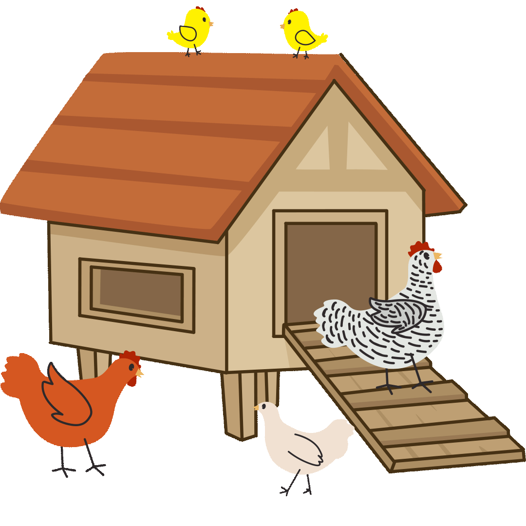 Illustration of chickens around a chicken coop with baby chicks on top