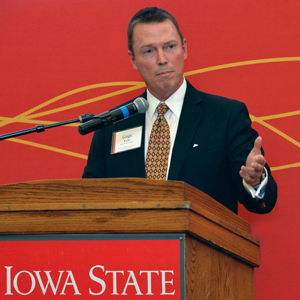 photo of Gage Kent delivering address at Iowa State University