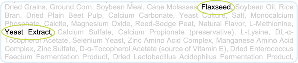 Various ingredients from Sentinel Senior horse feed with two cicled in bright green outlines: flaxseed and yeast extract.